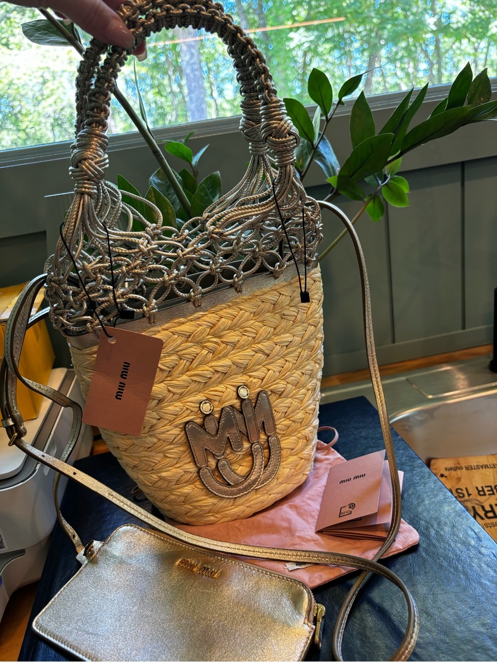 NWT Miu Miu Paglia + Rete Raffia Metallic Net Bucket Bag + Pouch